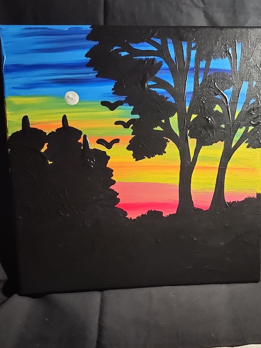 Hand-Painted Sunset Silhouette Canvas Wall Art - Black & Multicolor
